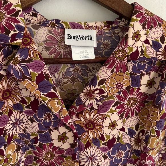 Vintage BonWorth Purple and Gold Floral Blouse Women’s Small - Picture 3 of 5